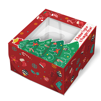 праздничная ель Коробка с окном под 4 капкейка Праздничная ель, 160х160х100 — изображение 1